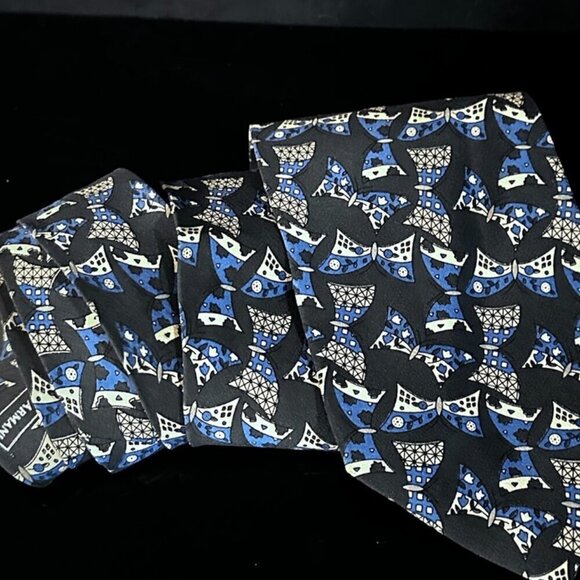 Giorgio Armani Silk Blue Gray Bowties Bows Mid Century Mod Modernist Retro - Picture 2 of 4